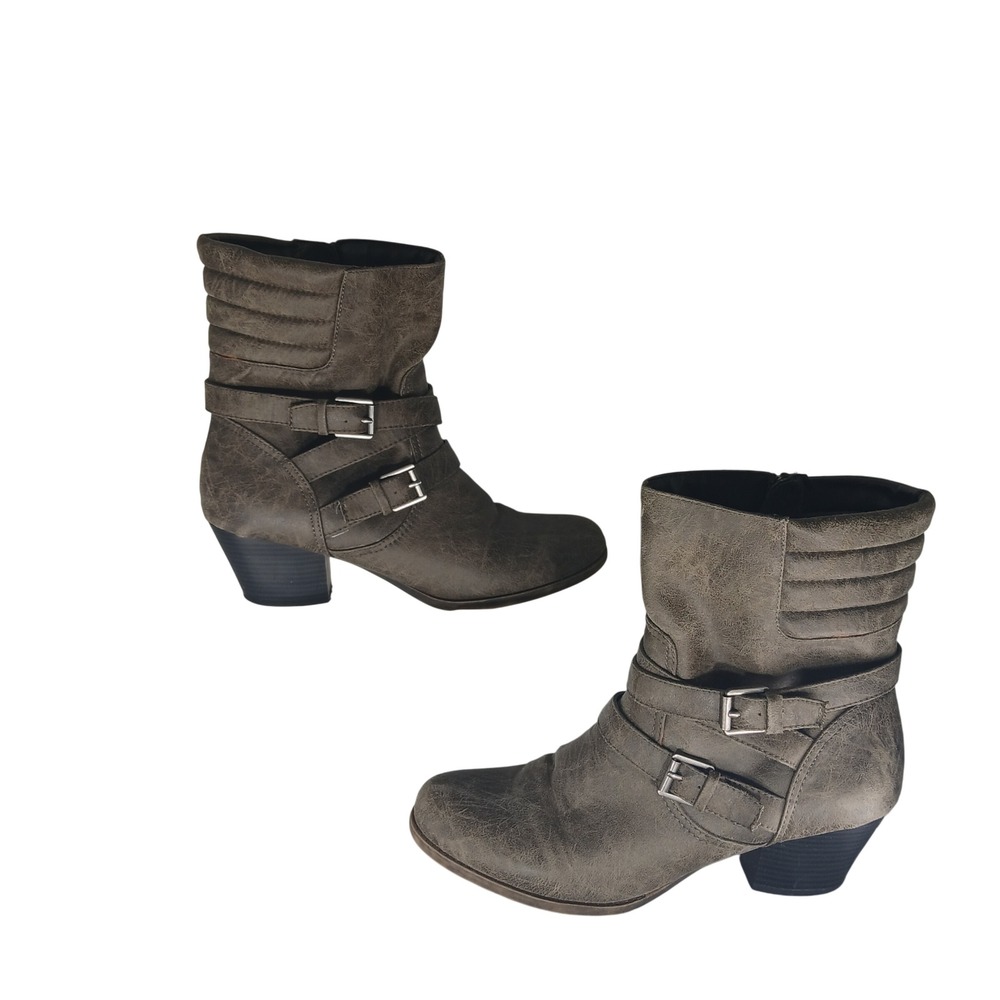 American Living Dinorah Moto Boot 9.5B Grey Distressed Buckle Quilted Ankle Boot